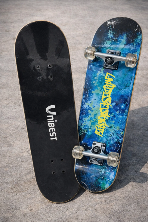 Skateboard UNIBEST 80 x 20 cm – Holzboard für Kinder mit 6 coolen Designs