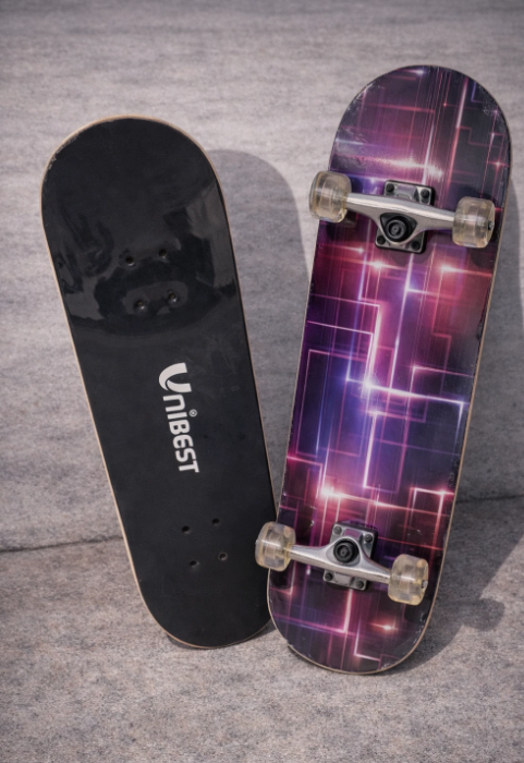 Skateboard UNIBEST 80 x 20 cm – Holzboard für Kinder mit 6 coolen Designs